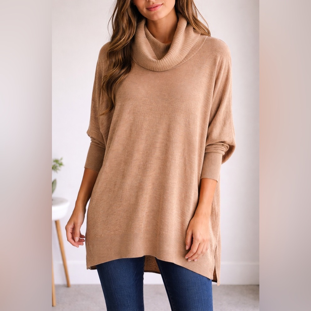 Miko Miko Women’s Tunic Length Cowl Neck Dolman Sleeve Sweater – S/M in Tan